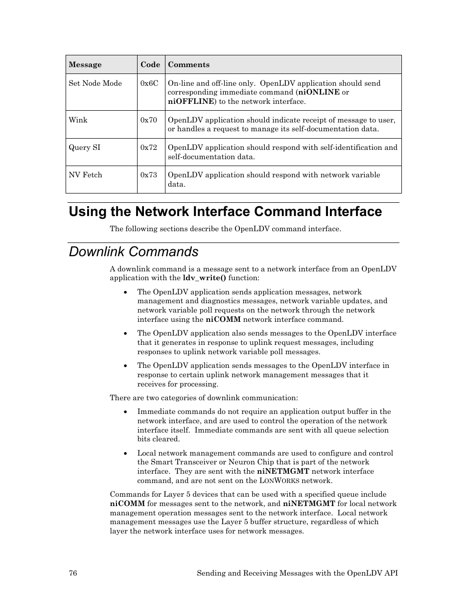 Using the network interface command interface, Downlink commands | Echelon OpenLDV User Manual | Page 84 / 194