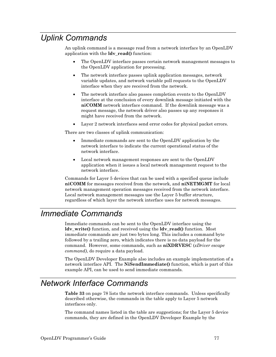 Uplink commands, Immediate commands, Network interface commands | Ee immediate, Commands, Ee network interface | Echelon OpenLDV User Manual | Page 85 / 194