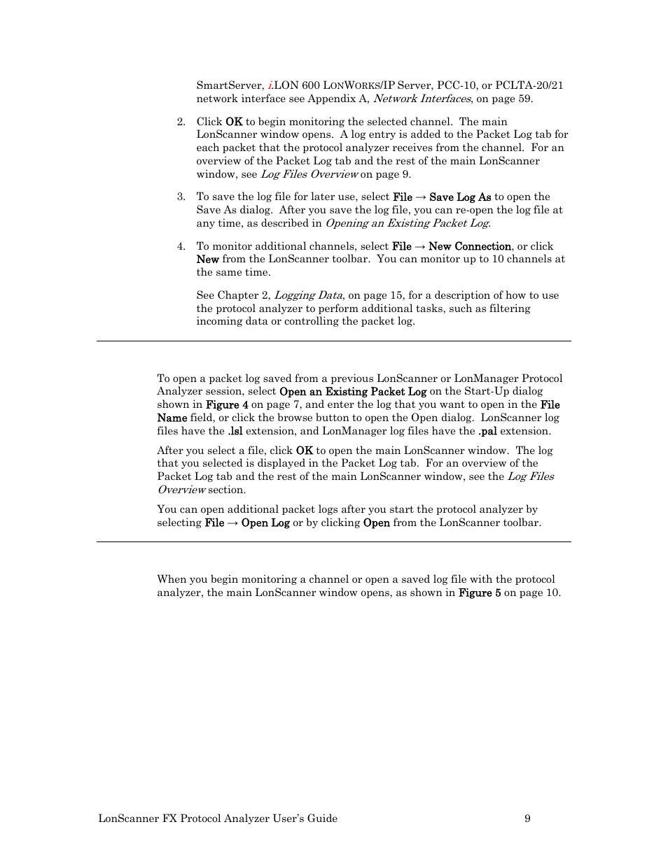 Opening an existing packet log, Log files overview | Echelon LonScanner FX Protocol Analyzer User Manual | Page 15 / 75
