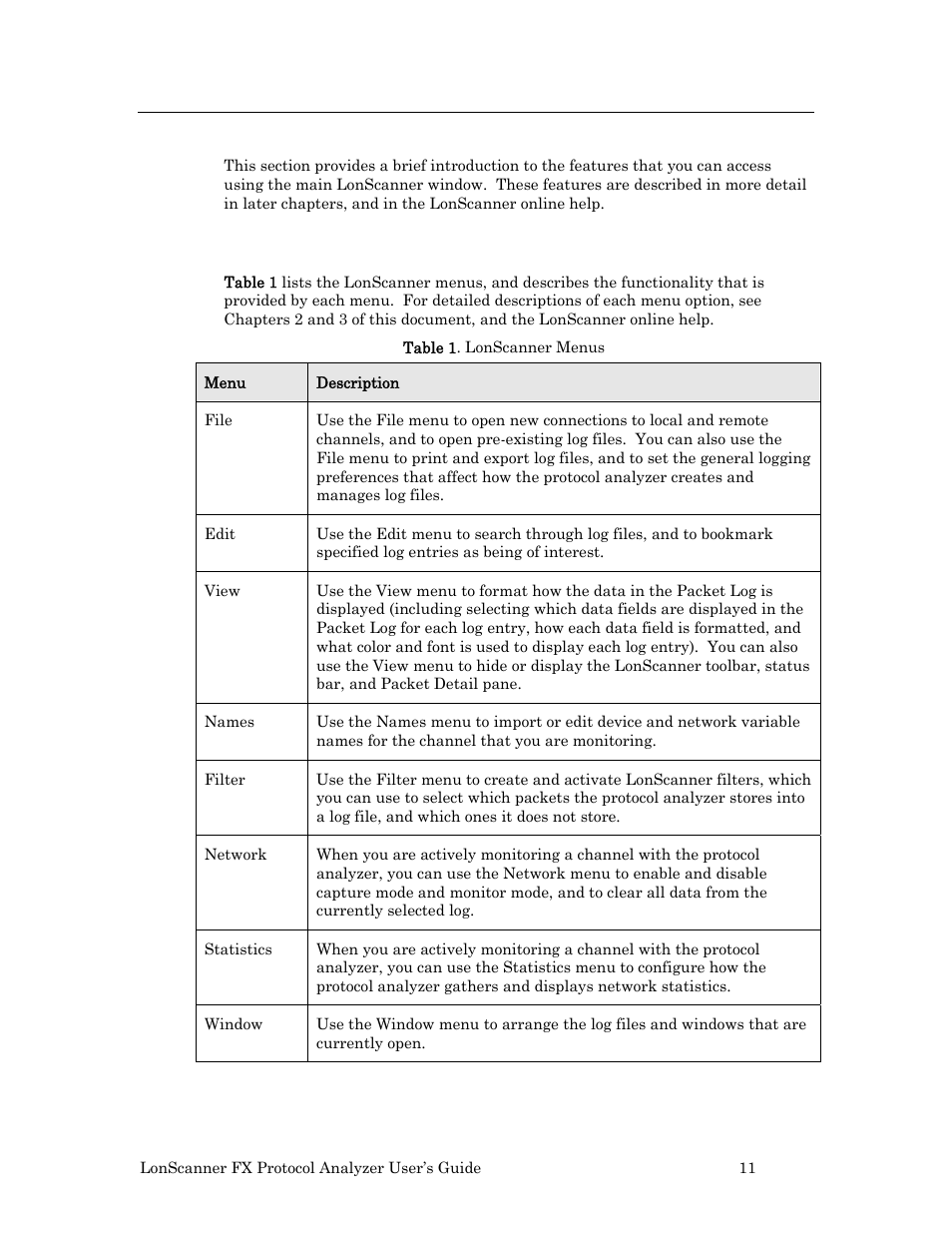 Using the lonscanner window, Lonscanner menus | Echelon LonScanner FX Protocol Analyzer User Manual | Page 17 / 75