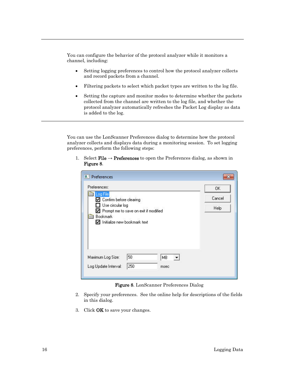 Configuring the lonscanner protocol analyzer, Setting logging preferences | Echelon LonScanner FX Protocol Analyzer User Manual | Page 22 / 75