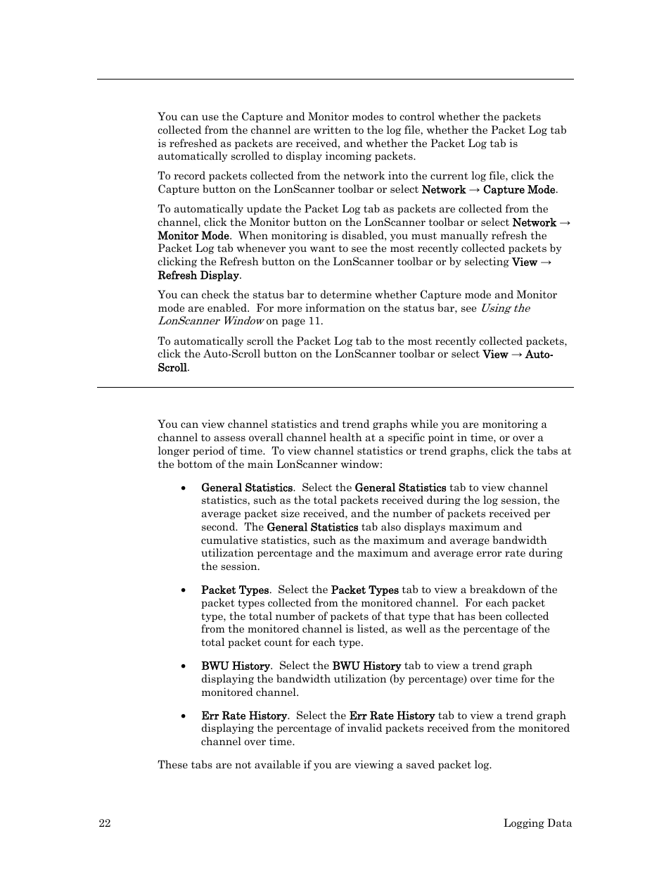 Setting the capture and monitor modes, Viewing channel statistics and trend graphs | Echelon LonScanner FX Protocol Analyzer User Manual | Page 28 / 75