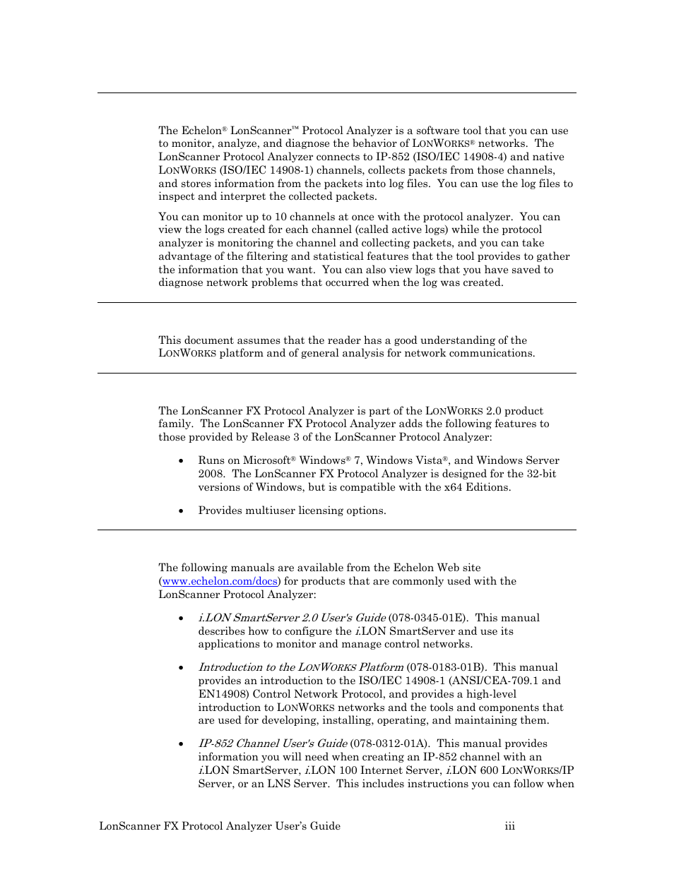 Welcome, Audience, What’s new for lonscanner fx | Related documentation | Echelon LonScanner FX Protocol Analyzer User Manual | Page 3 / 75