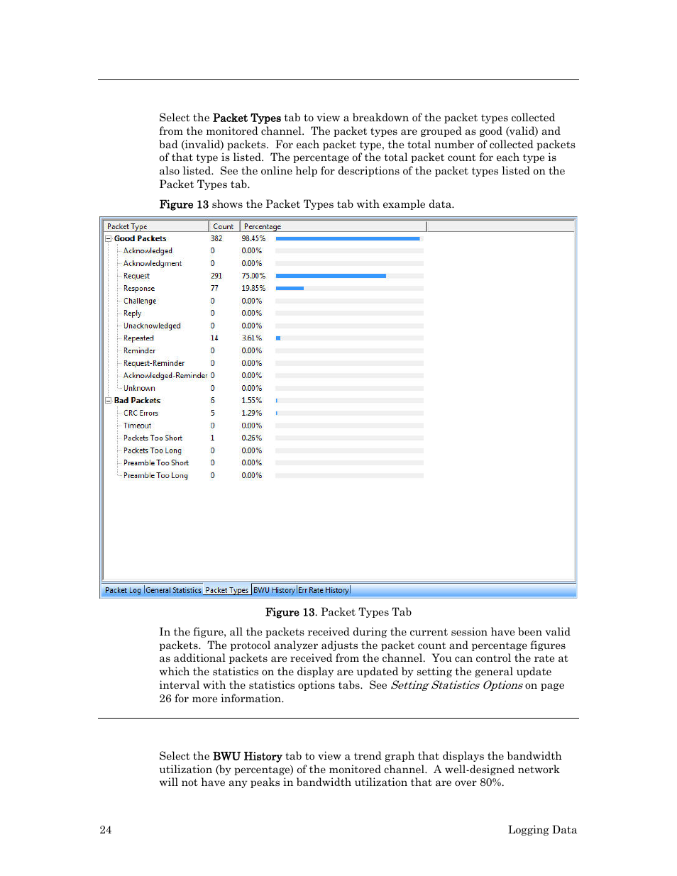 Viewing bandwidth utilization by packet type, Viewing bandwidth utilization history | Echelon LonScanner FX Protocol Analyzer User Manual | Page 30 / 75