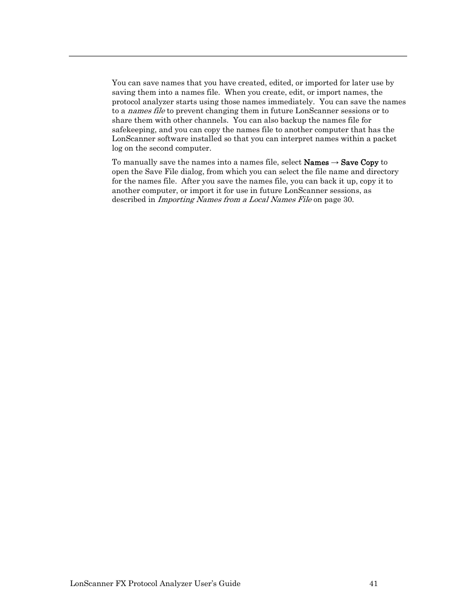 Managing names files, Ge 41 for information abou | Echelon LonScanner FX Protocol Analyzer User Manual | Page 47 / 75