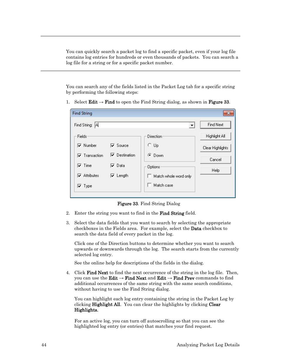 Searching for packet log entries, Searching by string | Echelon LonScanner FX Protocol Analyzer User Manual | Page 50 / 75