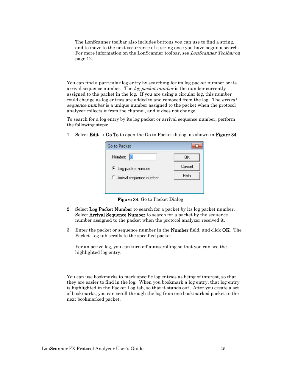 Searching by log number, Bookmarking packet log entries | Echelon LonScanner FX Protocol Analyzer User Manual | Page 51 / 75