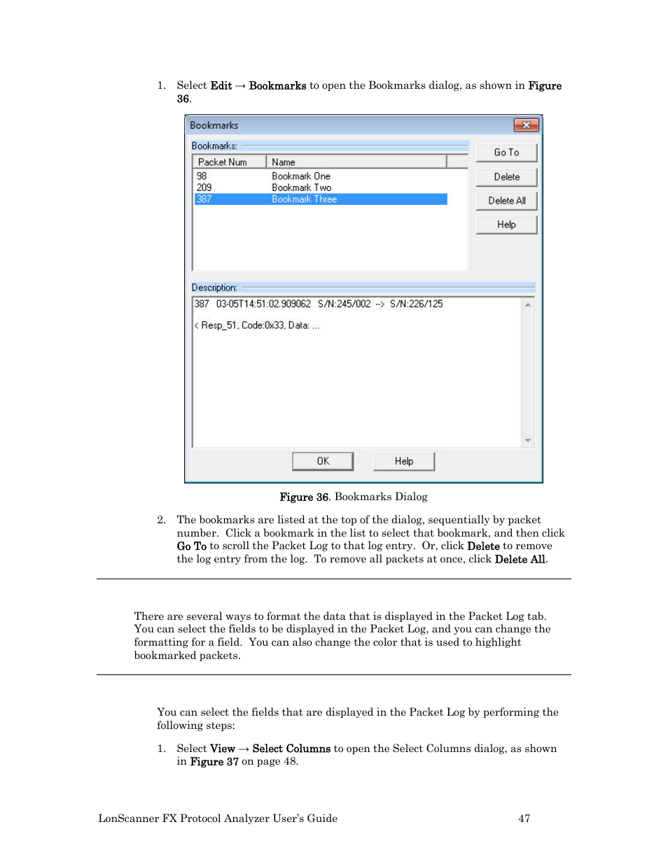 Formatting the packet log, Selecting data fields | Echelon LonScanner FX Protocol Analyzer User Manual | Page 53 / 75