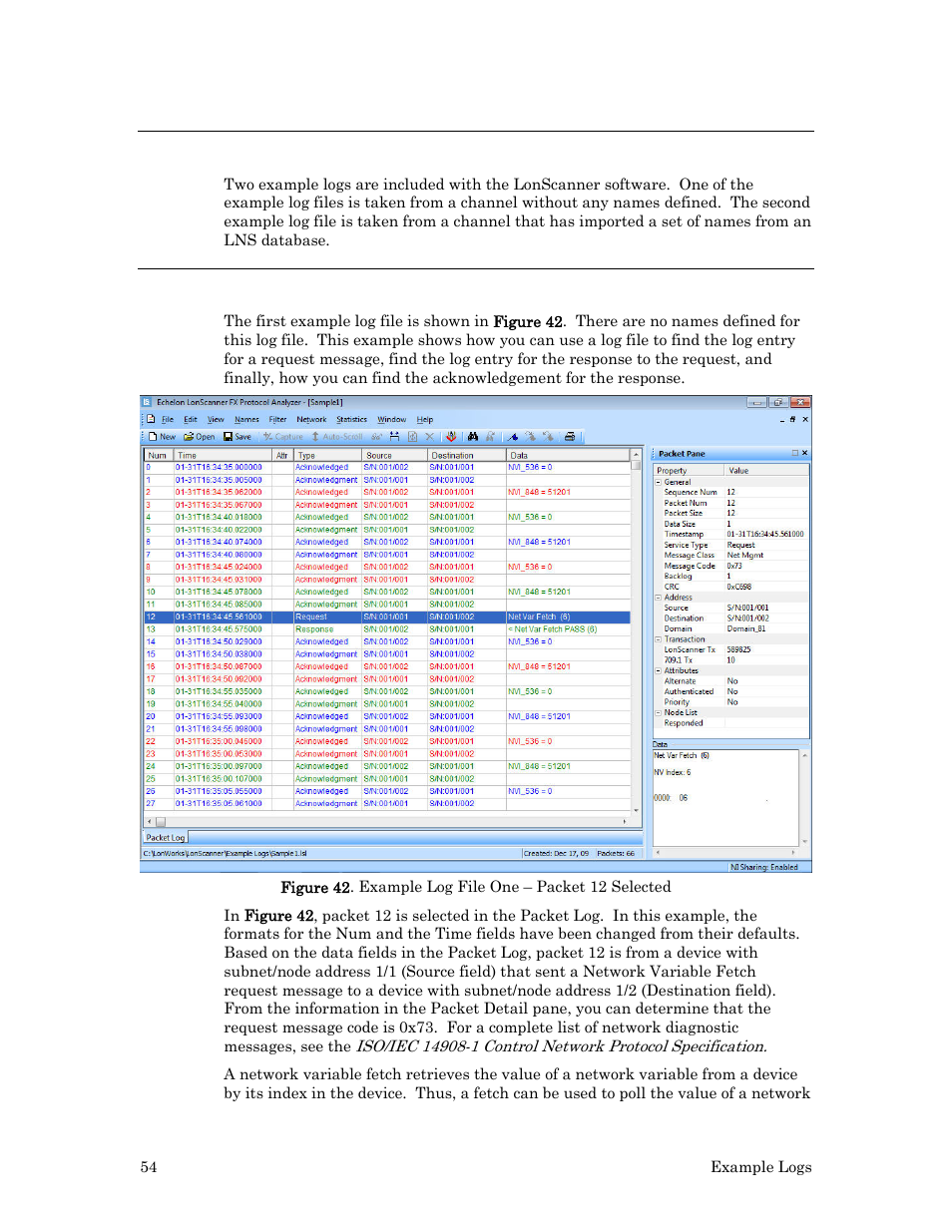 Example packet logs, Sample 1: channel without assigned names | Echelon LonScanner FX Protocol Analyzer User Manual | Page 60 / 75