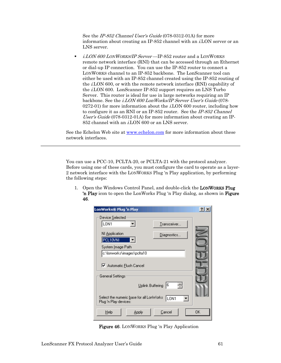 Pcc-10 and pclta-20/21, Pcc-10 and, Pclta-20/21 | Echelon LonScanner FX Protocol Analyzer User Manual | Page 67 / 75