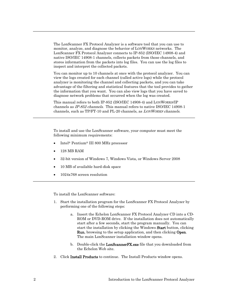 Introduction, Software requirements, Installing the lonscanner software | Echelon LonScanner FX Protocol Analyzer User Manual | Page 8 / 75