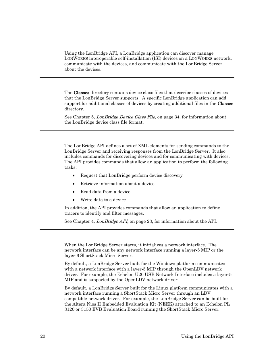 Tasks performed by a lonbridge application, Defining device classes, Discovering and communicating with devices | Tasks performed by the lonbridge server | Echelon LonBridg Server User Manual | Page 26 / 67