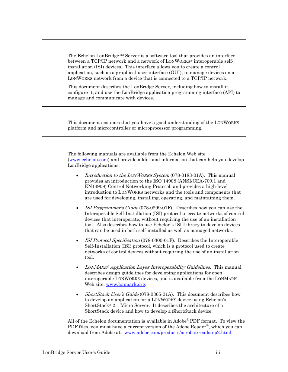 Welcome, Audience, Related documentation | Echelon LonBridg Server User Manual | Page 3 / 67