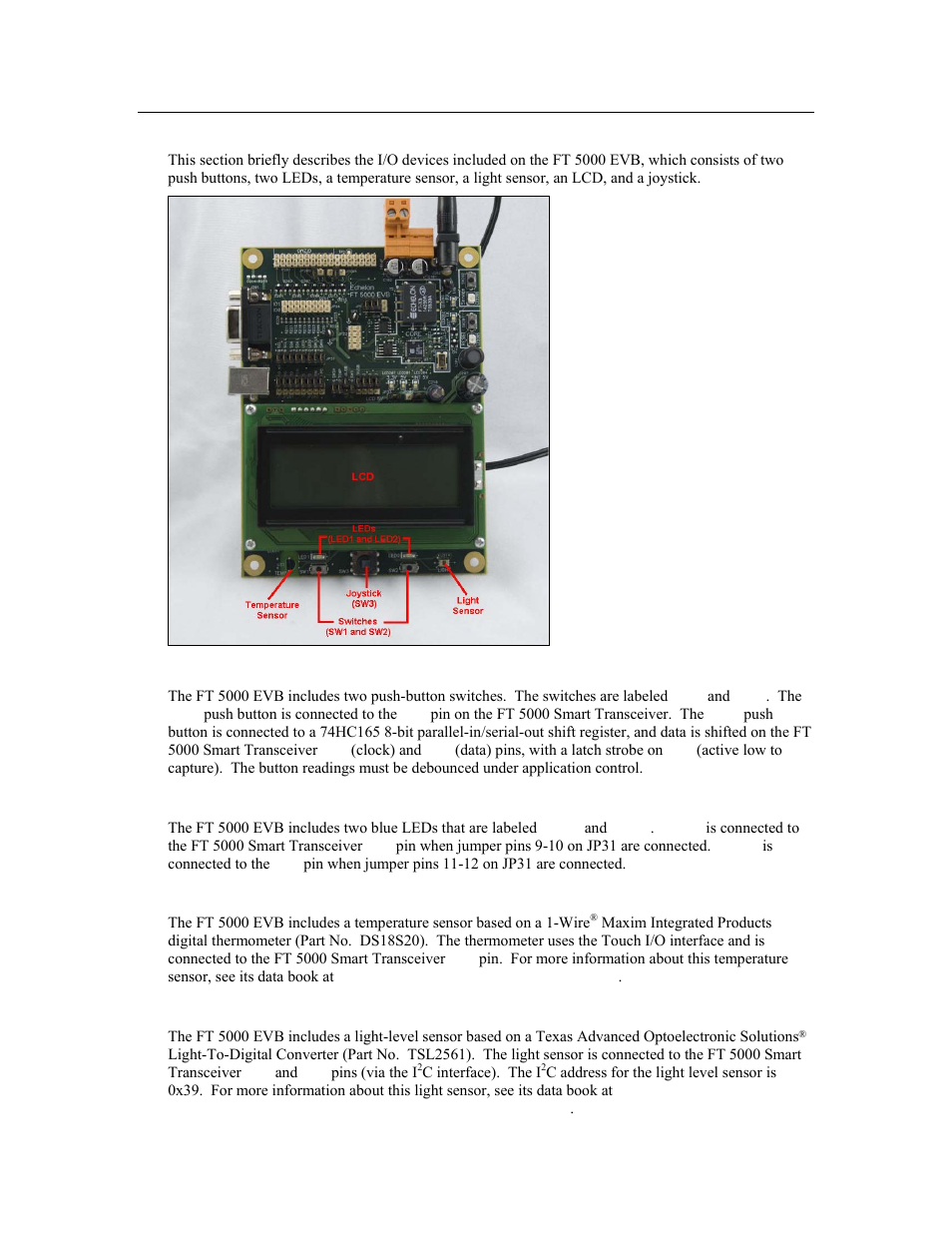 I/o devices, Push button switches, Leds | Temperature sensor, Light-level sensor | Echelon FT 5000 EVB User Manual | Page 15 / 36