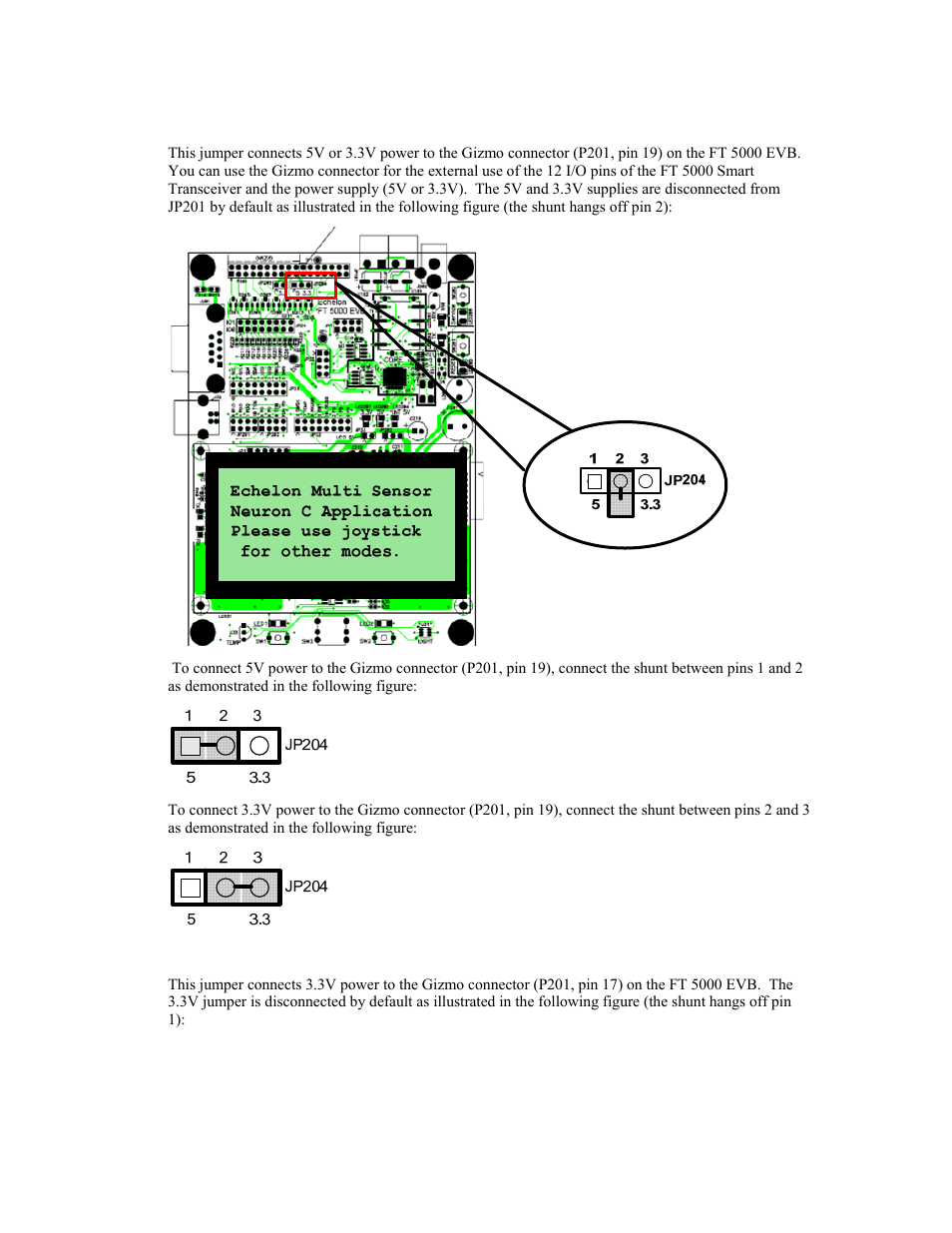 Gizmo 5v or 3.3v power select (jp204), Gizmo 3.3v power (jp205) | Echelon FT 5000 EVB User Manual | Page 33 / 36