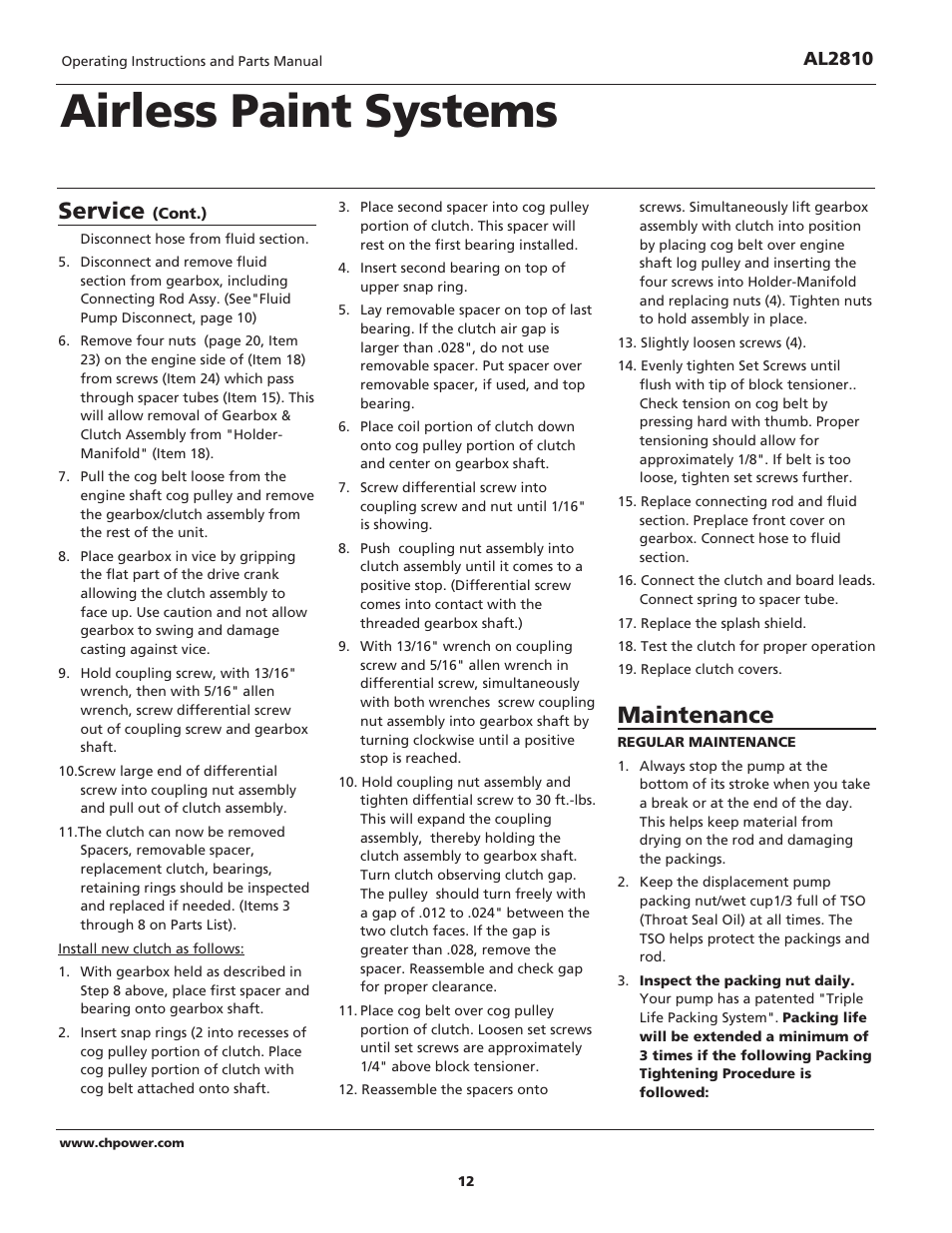 Airless paint systems, Service, Maintenance | Campbell Hausfeld QUADRAFLOW AL2810 User Manual | Page 12 / 32