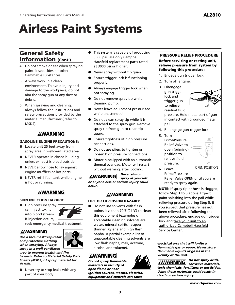 Airless paint systems, General safety information, Warning | Campbell Hausfeld QUADRAFLOW AL2810 User Manual | Page 3 / 32