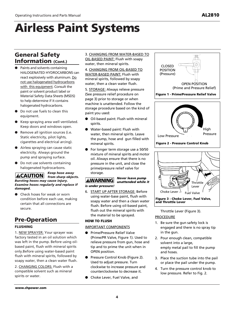 Airless paint systems, General safety information, Pre-operation | Caution, Warning | Campbell Hausfeld QUADRAFLOW AL2810 User Manual | Page 4 / 32
