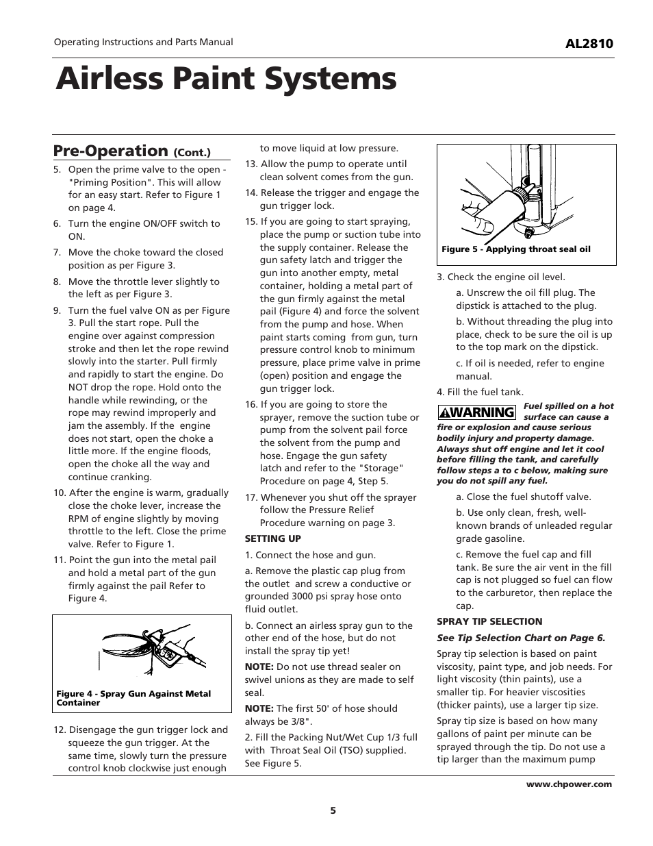 Airless paint systems, Pre-operation, Warning | Campbell Hausfeld QUADRAFLOW AL2810 User Manual | Page 5 / 32