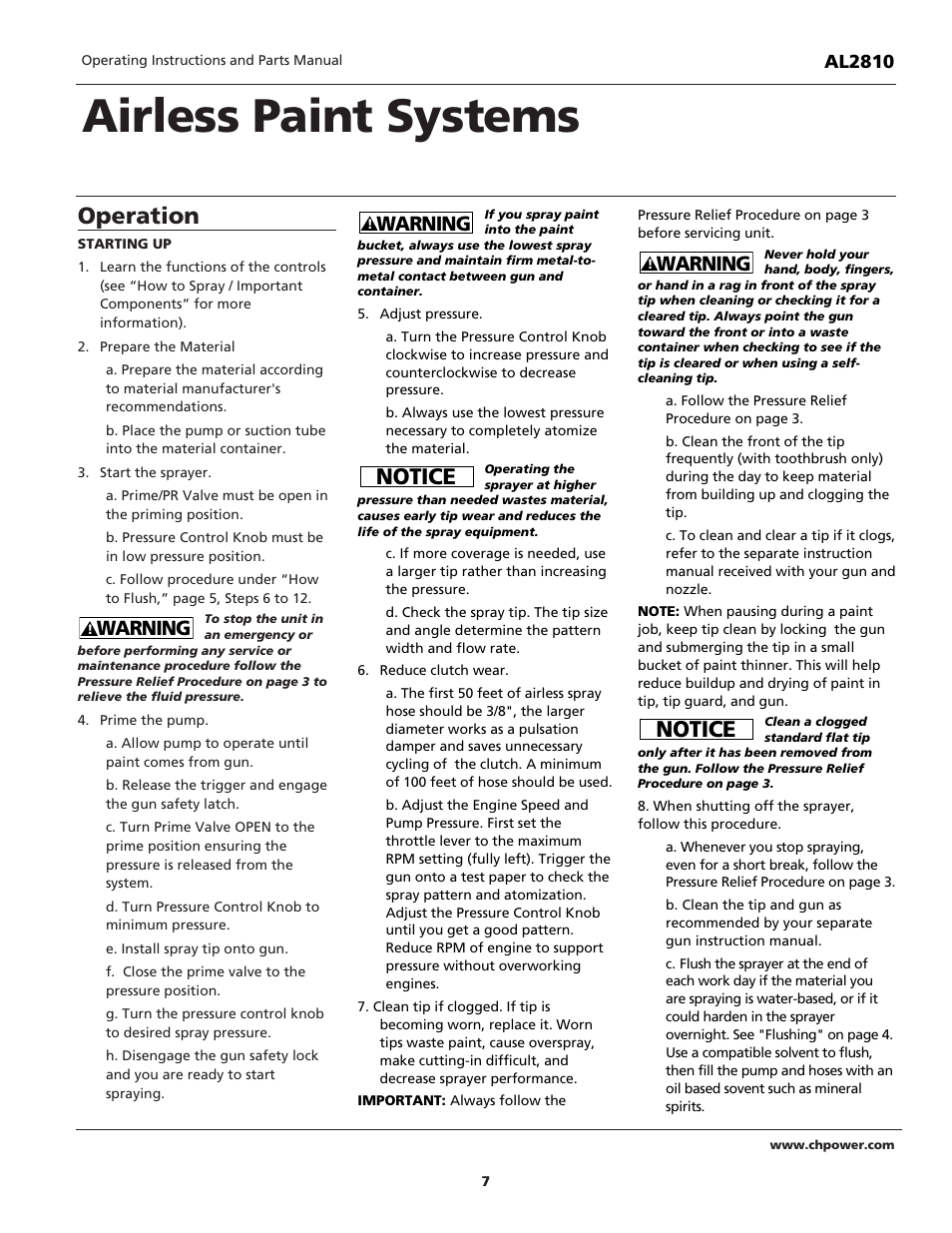 Airless paint systems, Operation, Notice | Warning | Campbell Hausfeld QUADRAFLOW AL2810 User Manual | Page 7 / 32