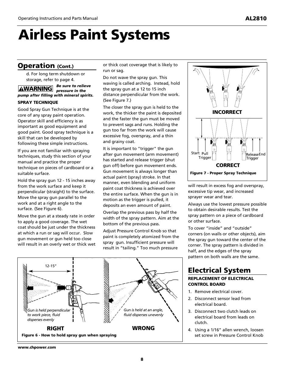 Airless paint systems, Operation, Electrical system | Warning | Campbell Hausfeld QUADRAFLOW AL2810 User Manual | Page 8 / 32