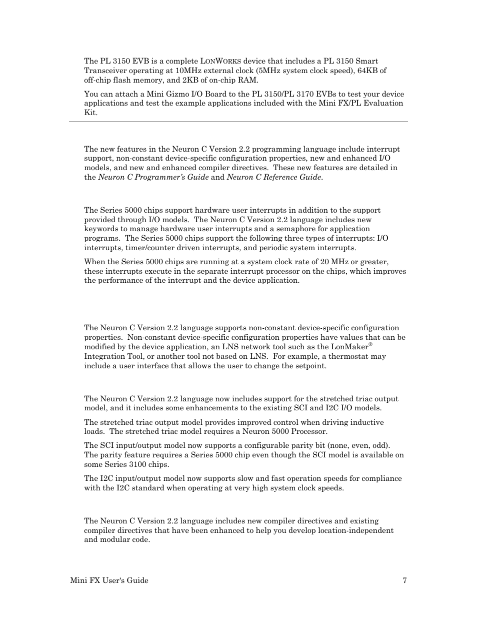 Neuron c version 2.2 enhancements, Interrupt support, New and enhanced i/o models | New and enhanced compiler directives | Echelon Mini FX User Manual | Page 20 / 139