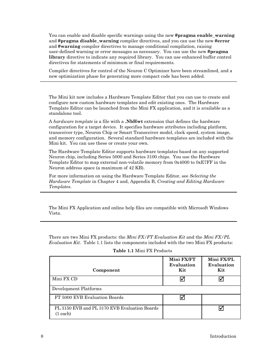 Hardware template editor, Microsoft windows vista support, What's included with the mini fx evaluation kit | Echelon Mini FX User Manual | Page 21 / 139