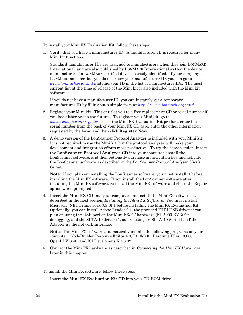 Installing the mini fx evaluation kit, Installing the mini fx software | Echelon Mini FX User Manual | Page 37 / 139
