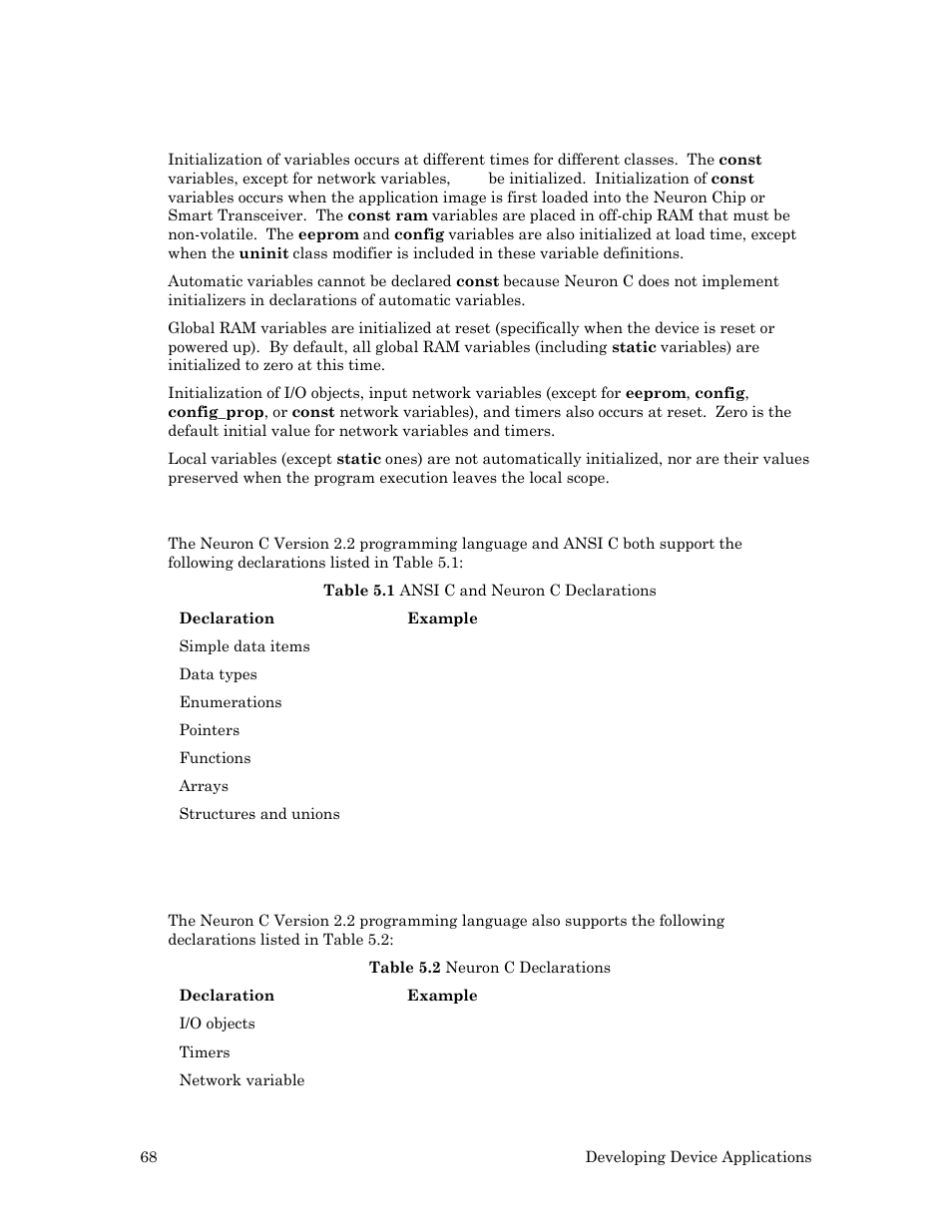 Variable initialization, Neuron c declarations | Echelon Mini FX User Manual | Page 81 / 139