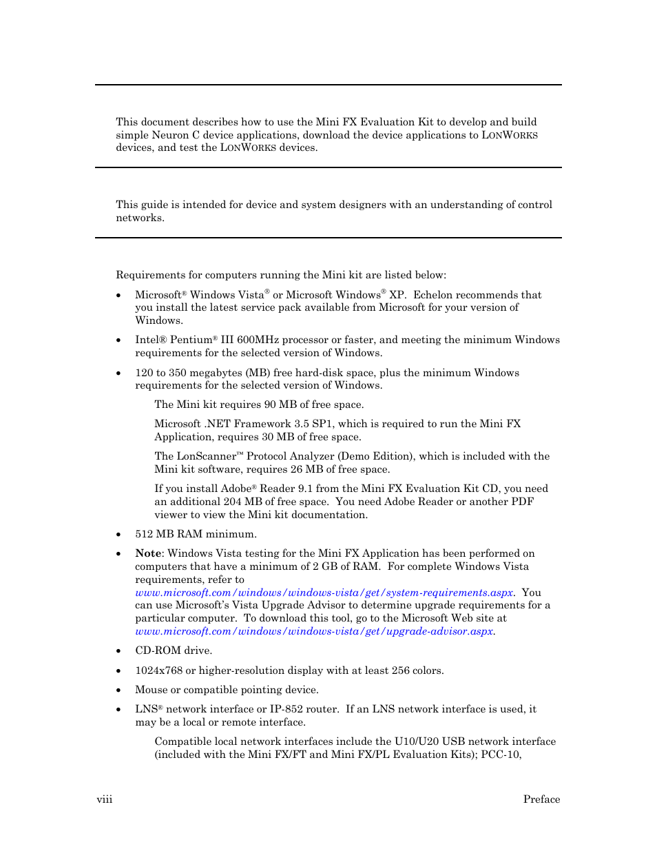 Purpose, Audience, Hardware requirements | Viii | Echelon Mini FX User Manual | Page 9 / 139