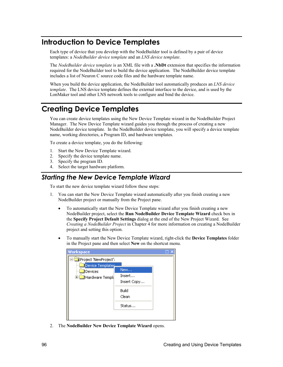 Introduction to device templates, Creating device templates, Starting the new device template wizard | Echelon NodeBuilder FX User Manual | Page 110 / 300