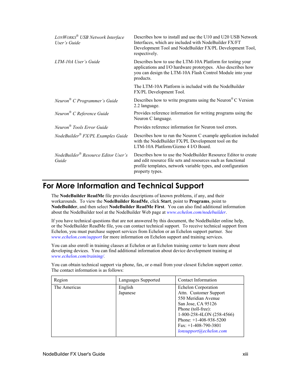 For more information and technical support, Xiii | Echelon NodeBuilder FX User Manual | Page 13 / 300
