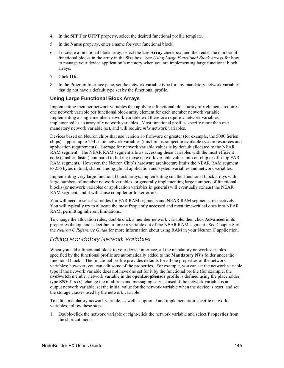 Using large functional block arrays, Editing mandatory network variables | Echelon NodeBuilder FX User Manual | Page 159 / 300