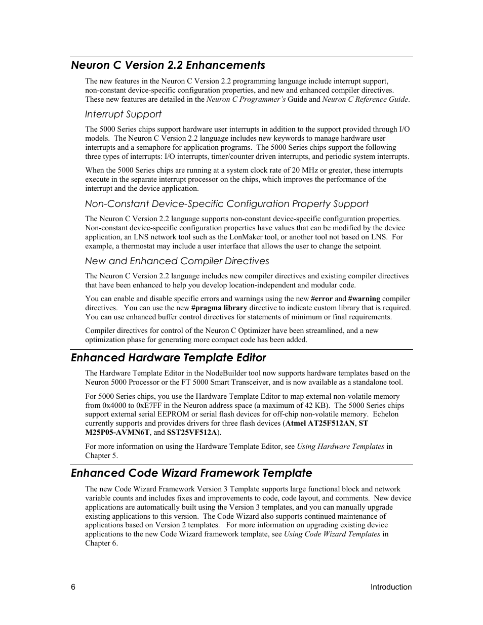 Neuron c version 2.2 enhancements, Interrupt support, New and enhanced compiler directives | Enhanced hardware template editor, Enhanced code wizard framework template | Echelon NodeBuilder FX User Manual | Page 20 / 300