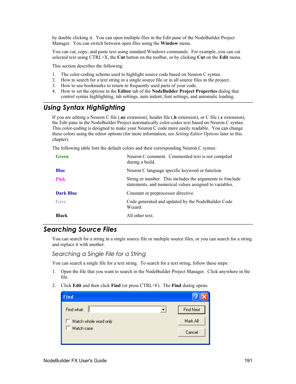 Using syntax highlighting, Searching source files, Searching source files , in | Echelon NodeBuilder FX User Manual | Page 205 / 300