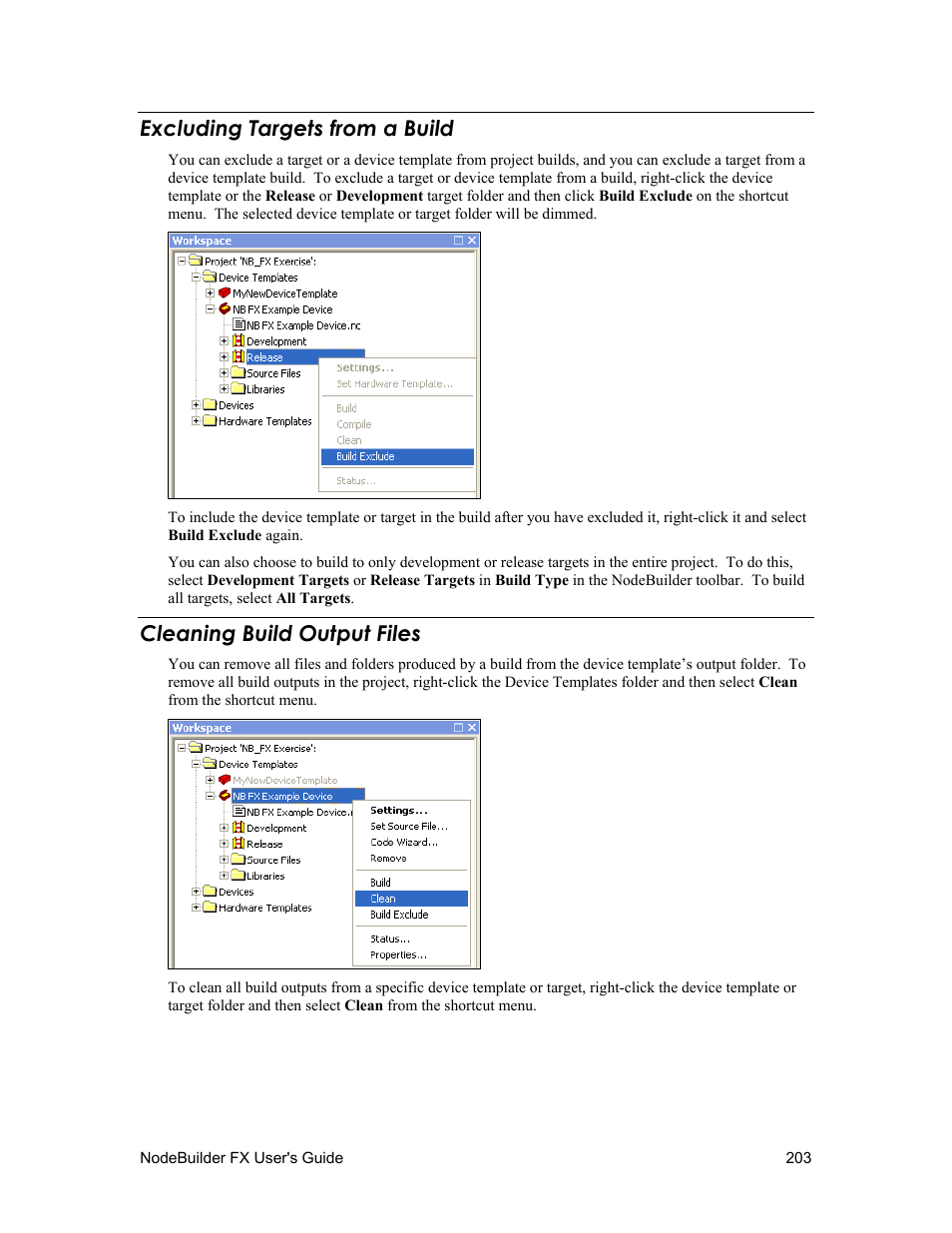 Excluding targets from a build, Cleaning build output files, Creating an | Cleaning build output files in, Option on the shortcu, Cleaning build output files in cha, See excluding targets from a build | Echelon NodeBuilder FX User Manual | Page 217 / 300
