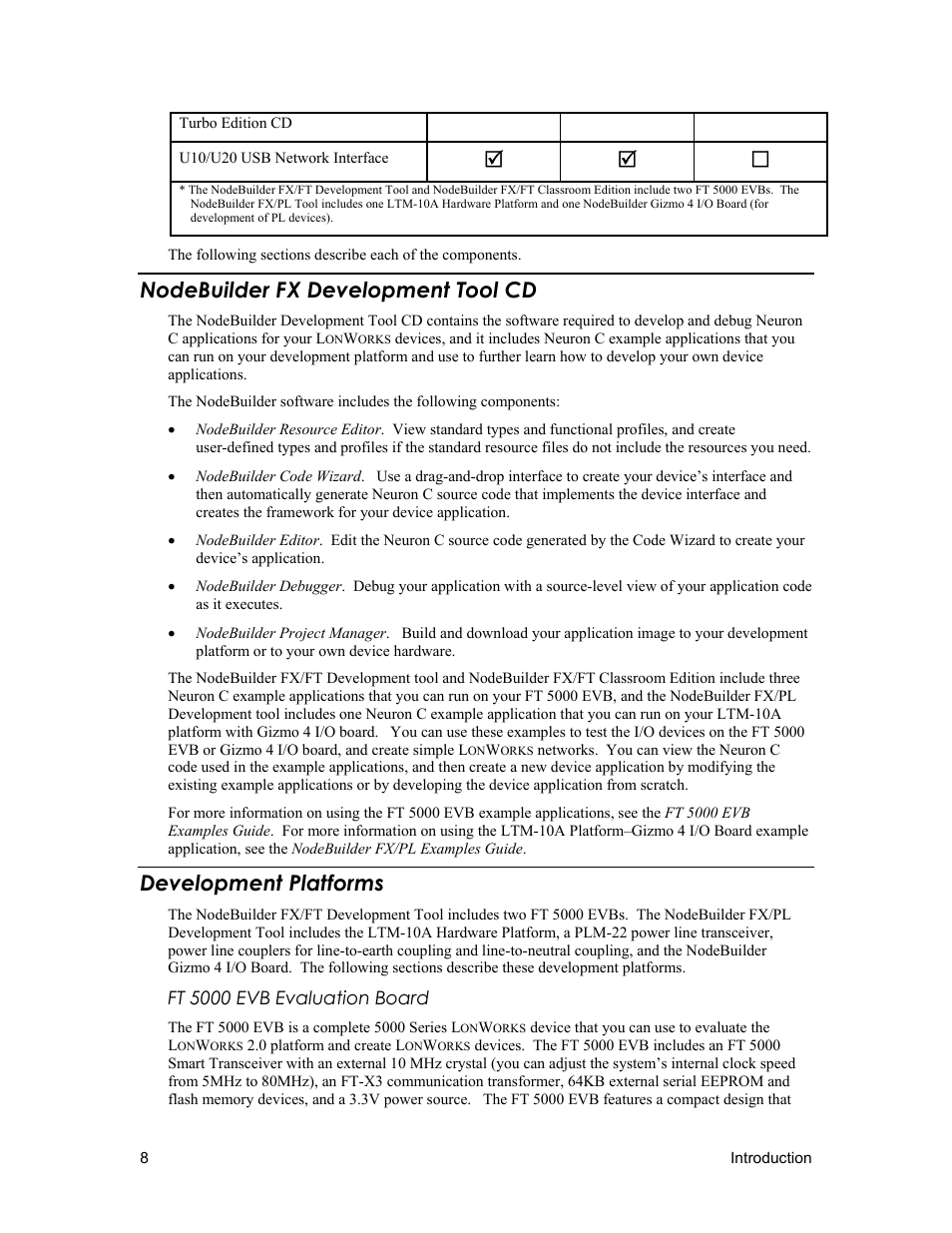 Nodebuilder fx development tool cd, Development platforms, Ft 5000 evb evaluation board | Echelon NodeBuilder FX User Manual | Page 22 / 300