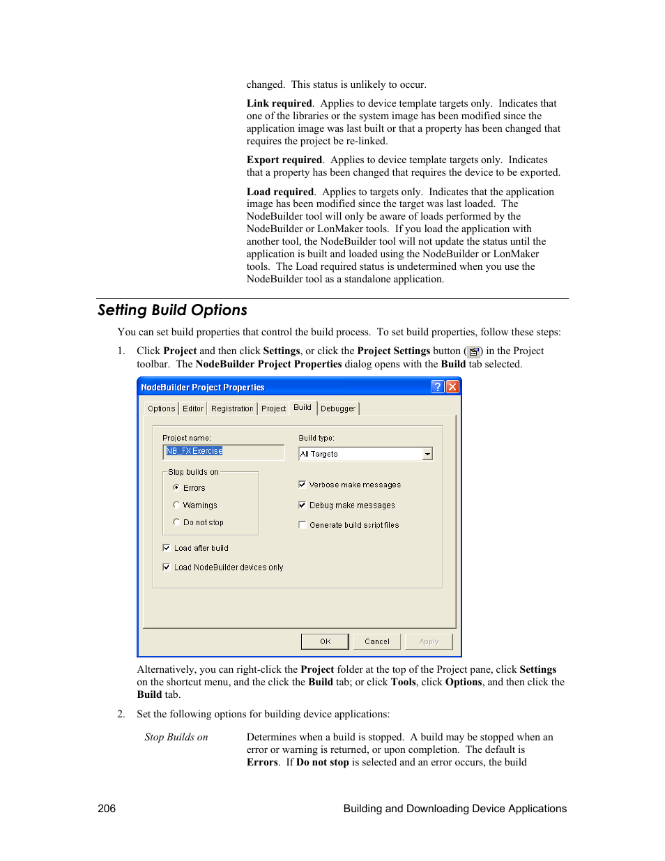 Downloading an application image, Targets. see setting build options, Setting build options | Echelon NodeBuilder FX User Manual | Page 220 / 300