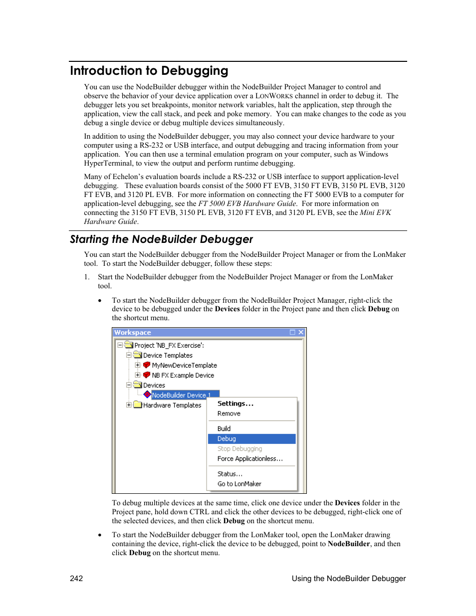 Introduction to debugging, Starting the nodebuilder debugger | Echelon NodeBuilder FX User Manual | Page 256 / 300