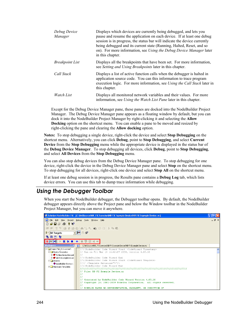 Using the debugger toolbar | Echelon NodeBuilder FX User Manual | Page 258 / 300