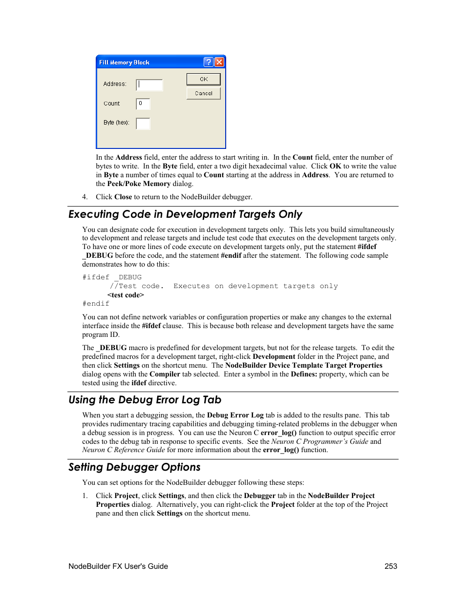 Executing code in development targets only, Using the debug error log tab, Setting debugger options | Echelon NodeBuilder FX User Manual | Page 267 / 300