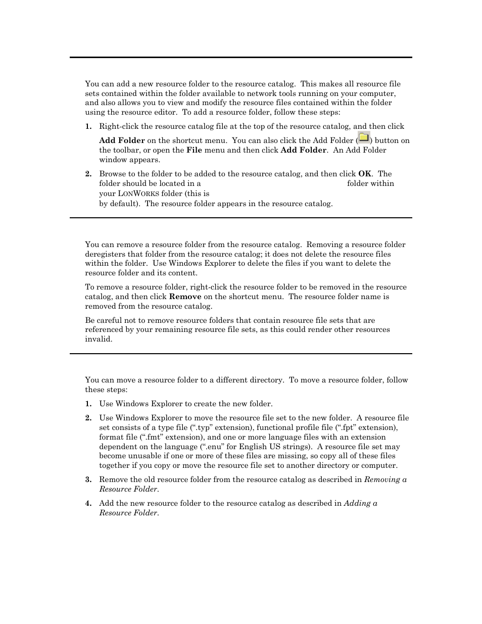 Adding a resource folder, Removing a resource folder, Moving a resource folder | Echelon NodeBuilder Resource Editor User Manual | Page 20 / 90