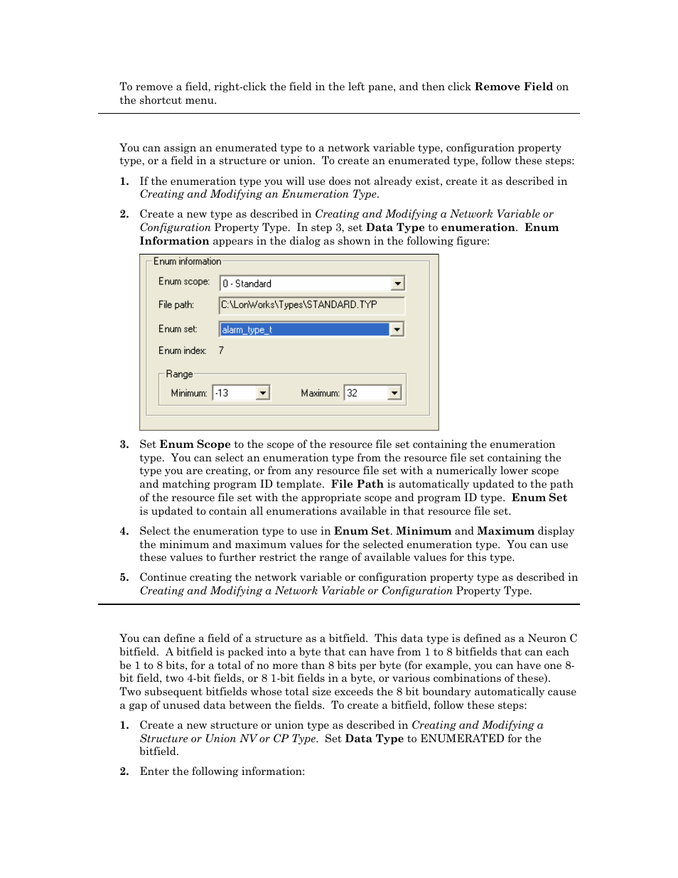 Creating and modifying an enumerated nv or cp type, Creating and modifying a bitfield | Echelon NodeBuilder Resource Editor User Manual | Page 41 / 90