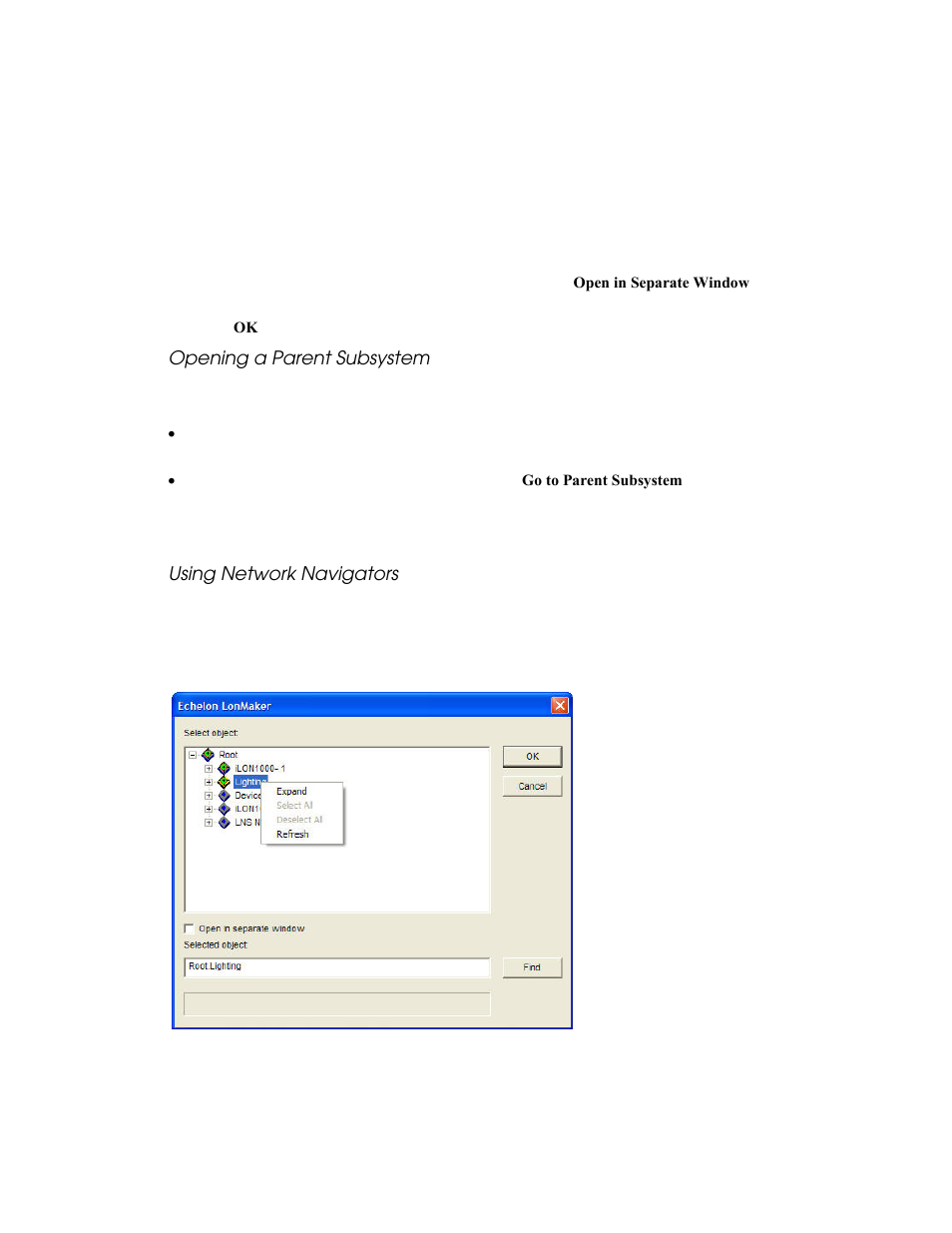 Opening a parent subsystem, Using network navigators | Echelon LonMaker User Manual | Page 145 / 423