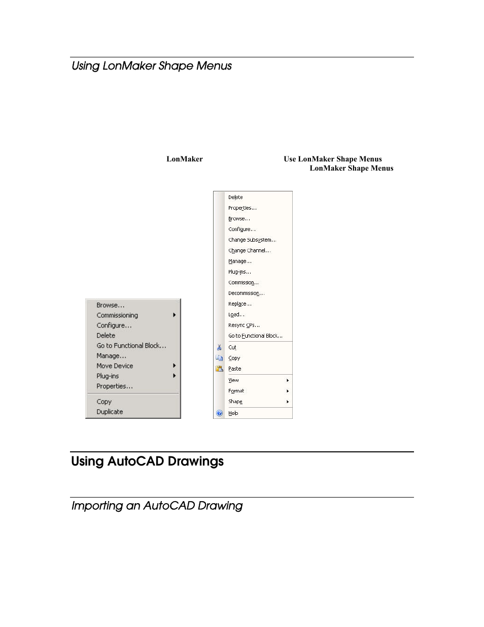 Using lonmaker shape menus, Using autocad drawings, Importing an autocad drawing | Echelon LonMaker User Manual | Page 157 / 423