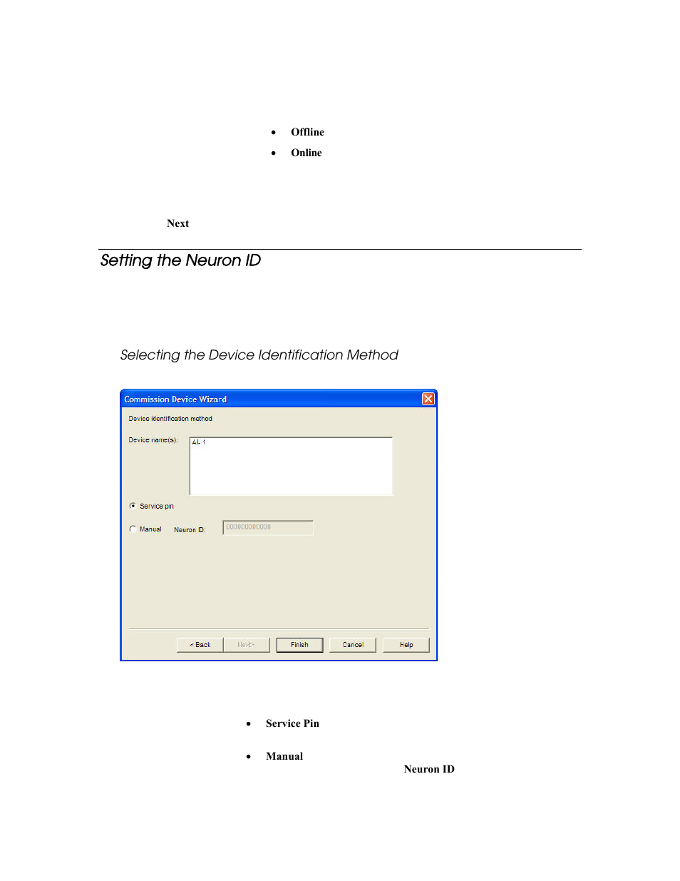 Setting the neuron id, Selecting the device identification method | Echelon LonMaker User Manual | Page 168 / 423