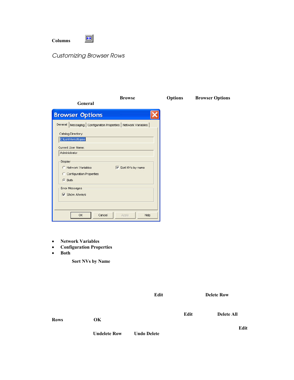 Customizing browser rows, Selecting browser rows to be displayed, Hiding browser rows | Echelon LonMaker User Manual | Page 186 / 423