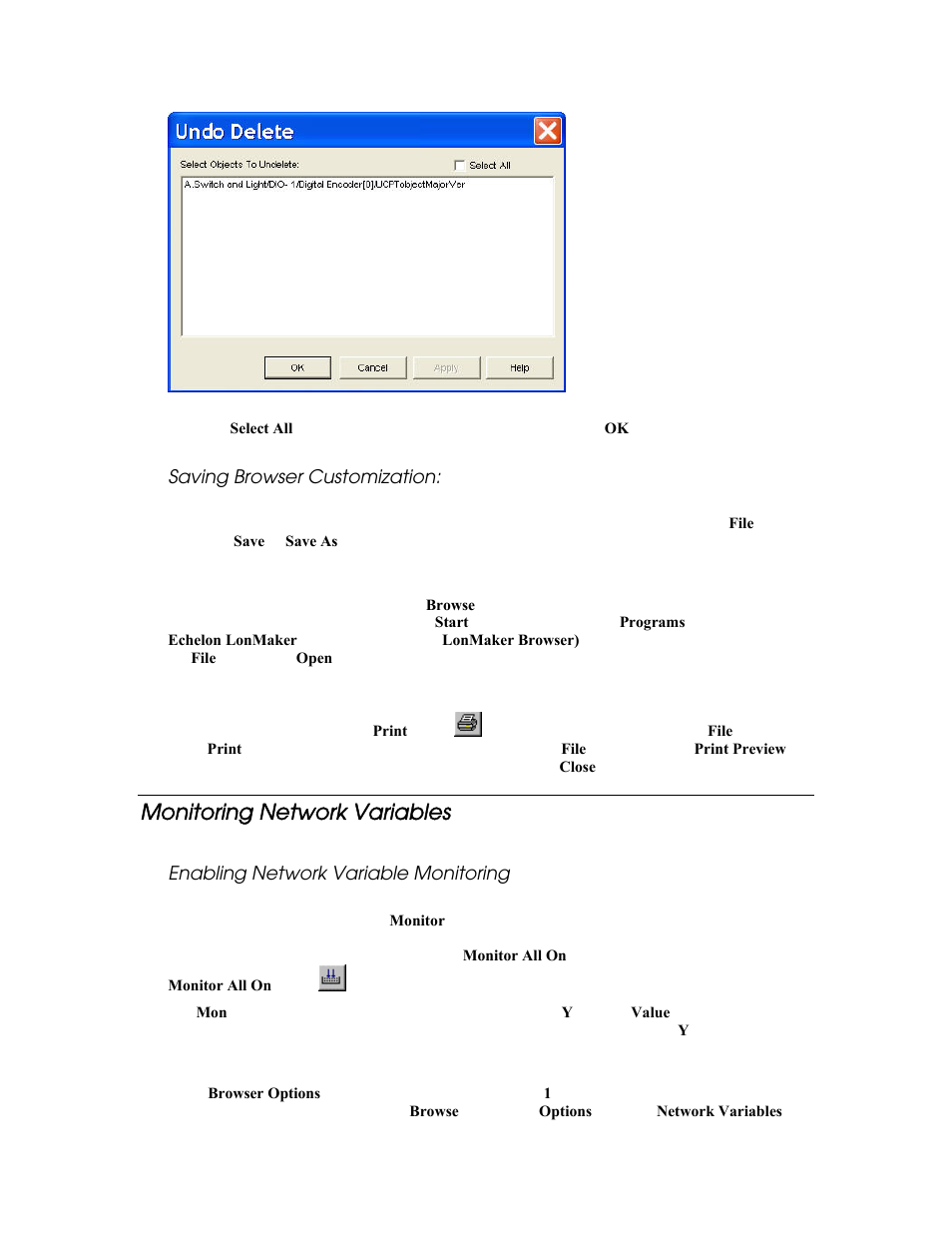 Saving browser customization, Monitoring network variables, Enabling network variable monitoring | Echelon LonMaker User Manual | Page 187 / 423