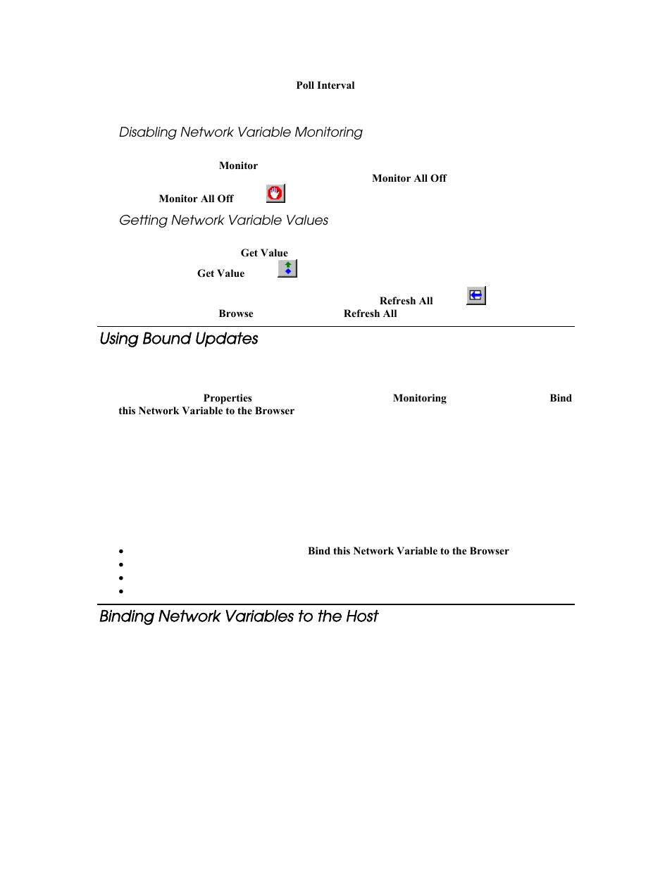 Disabling network variable monitoring, Getting network variable values, Using bound updates | Binding network variables to the host | Echelon LonMaker User Manual | Page 188 / 423