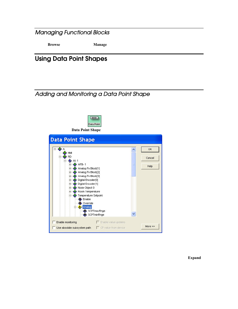 Managing functional blocks, Using data point shapes, Adding and monitoring a data point shape | Echelon LonMaker User Manual | Page 196 / 423